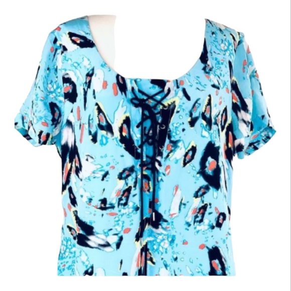 Rebecca Minkoff Shirt Dress 100% Silk Mojabe Blue Shift Lace-Up Scoop Neck Sz L - Picture 6 of 8